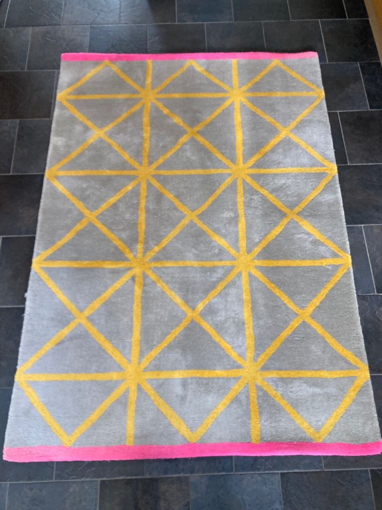 Habitat Geometric ‘Grid’ Hand tuft rug - Grey, Pink, Yellow 140X200cm 100% Wool