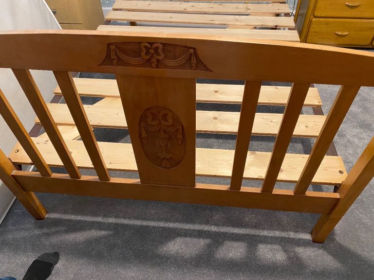 Wooden Double Bed Frame with Slats – Owl Carving