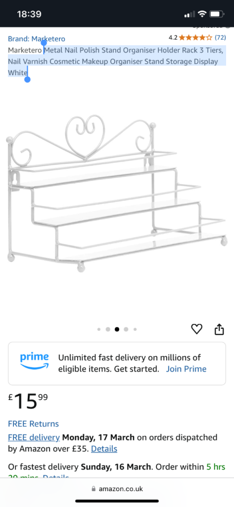 White Metal Nail Polish Stand / Organiser, 3 Tiers, heart design, freestanding or wall mountable