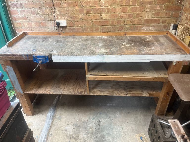 Sturdy Wooden Workbench with Shelves and Vice