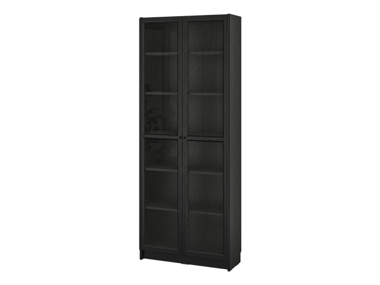 Modern IKEA OXBERG Black Oak Double Bookcase, Shelves + Glass Doors