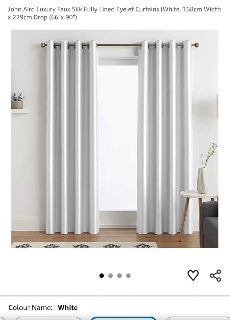 John Aird Luxury Faux Silk Fully Lined Eyelet Curtains – White (66" x 90")