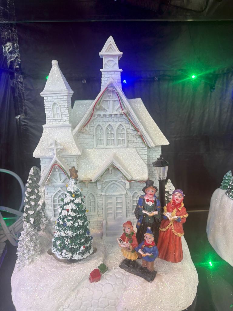 Christmas Village Church Scene with Carol Singers