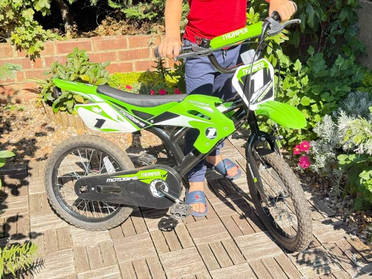 16" Motocross-style green bike on sale - as new!