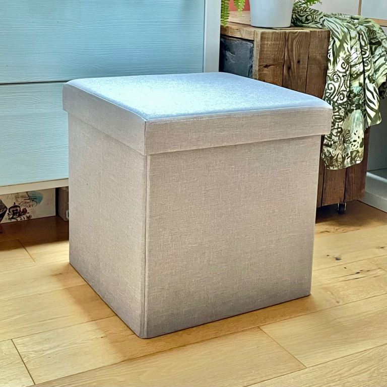image for Faux Linen Ottoman, Storage Cube, Toy Box, Seat, Stool, Grey, 16”Sq