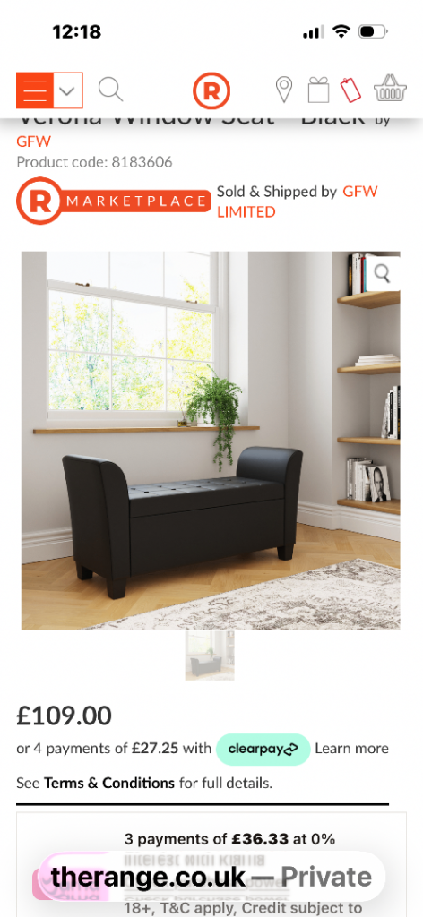 GFW Black Window Seat Storage Bench – As Good As New