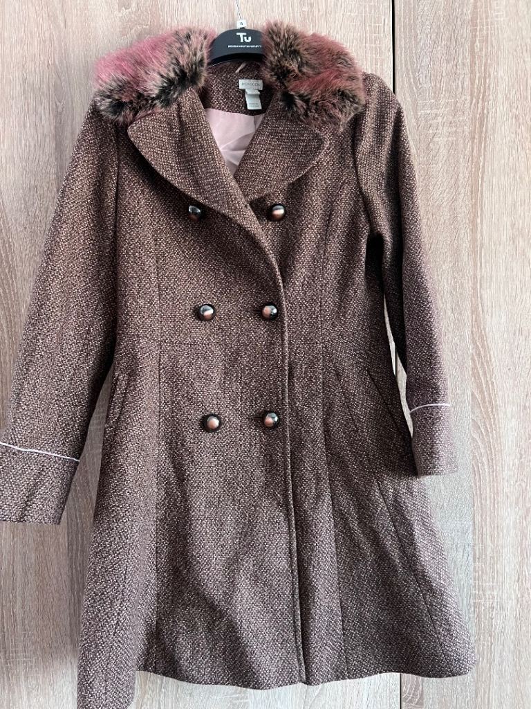 Monsoon Brown Tweed Coat with Faux Fur Collar – Girls size 12-13 years