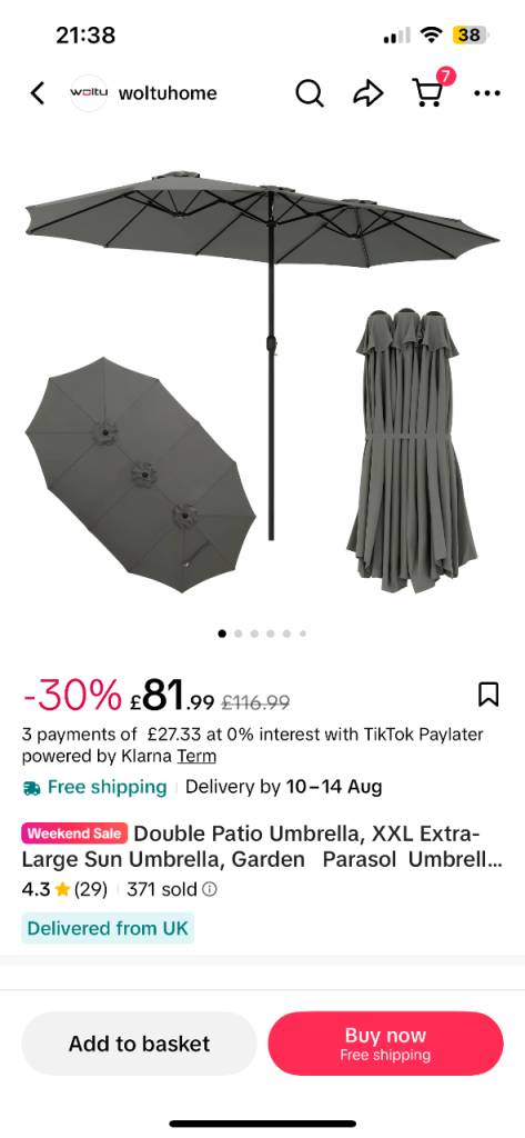 XXL Double Patio Umbrella / Garden Parasol – Grey, As Good As New