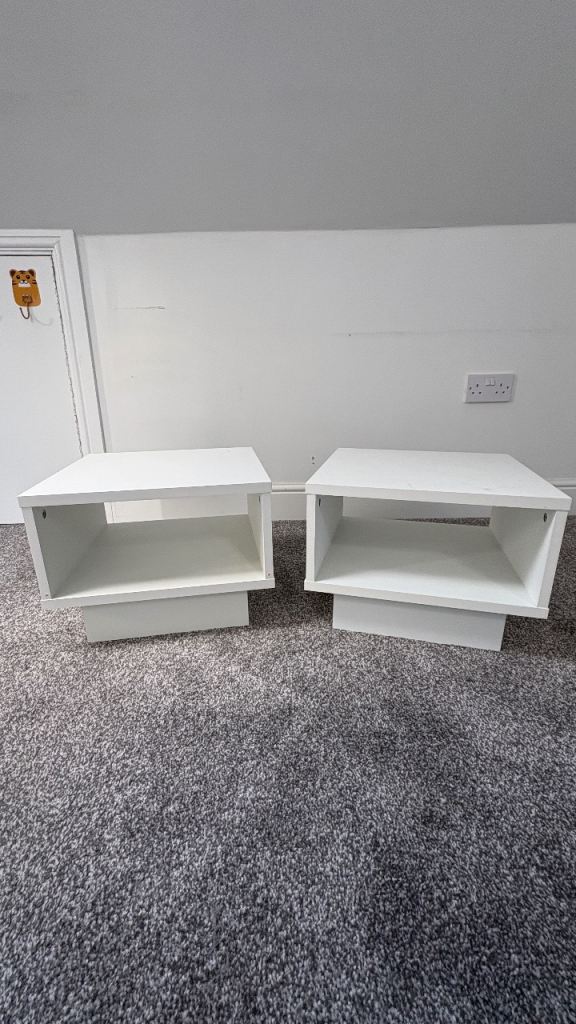 2 x white cube low bedside cabinets 