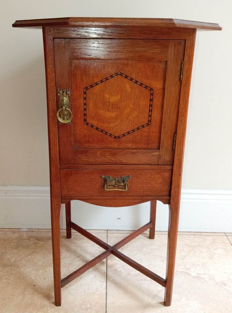 Antique Arts & Crafts wooden inlaid worktable sidetable bedside table with divided cupboard & drawer