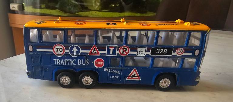 Retro "Traffic Bus 328" Die-Cast Double Decker Toy - Blue & Yellow