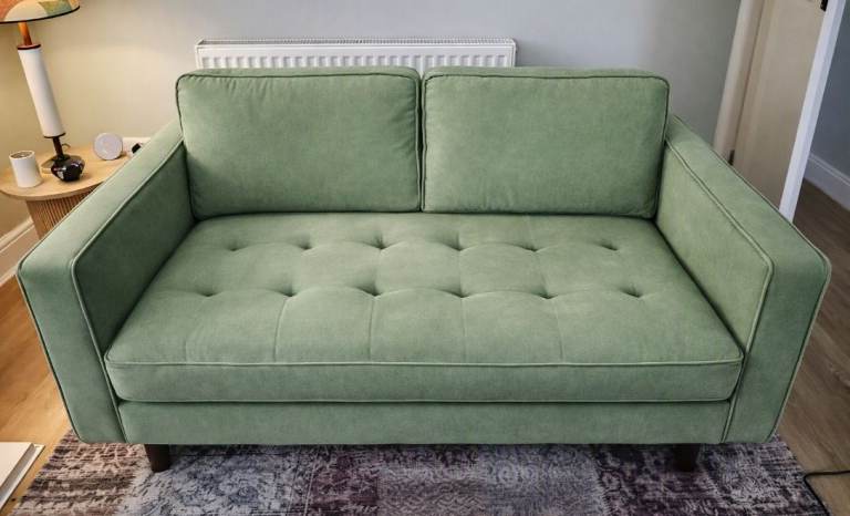 Gorgeous Matte Velvet SAGE GREEN Two Seater Sofa: No Damage, No Blemishes, Great Condition