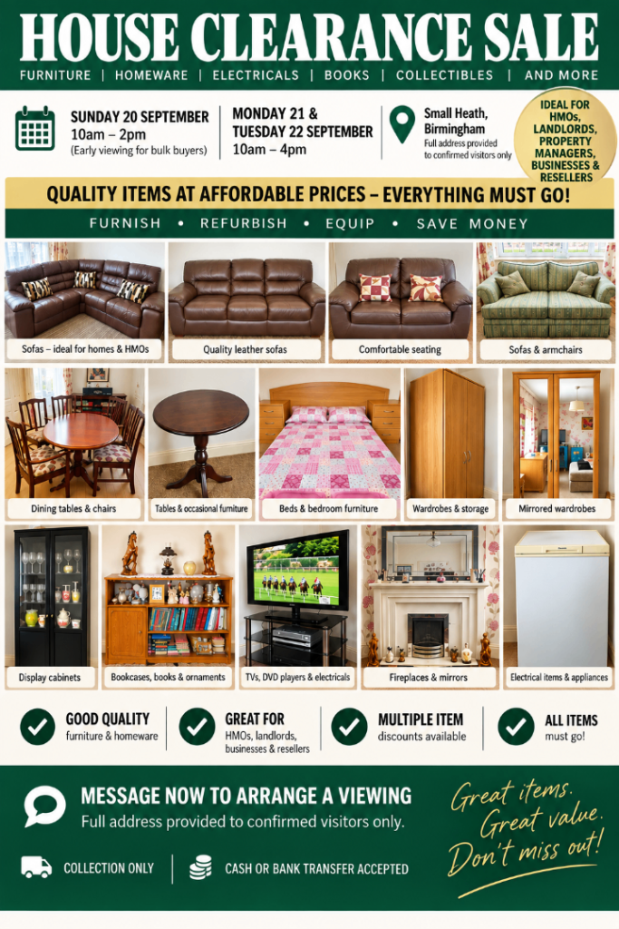 HOUSE CLEARANCE – Sofas, Beds, Furniture & Electricals – Birmingham