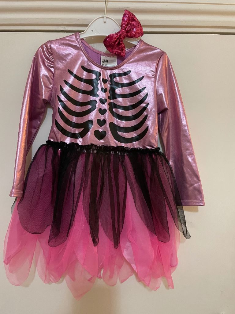 Girls Dress up Costume 3-4 years Skeleton Dress &  bow clip in Very Good Clean Condition