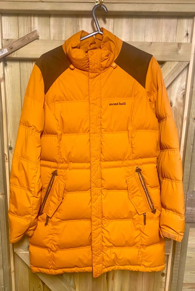 Mont-bell down jacket with brown suede shoulder Size Women’s Small Orange 