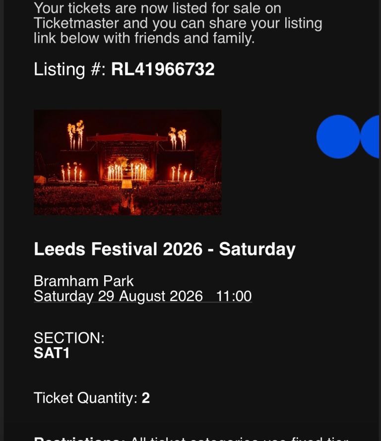 Leeds Festival Saturday Tickets x2 