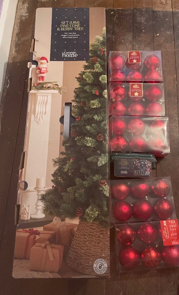 New Christmas Tree with Red Baubles and Lights