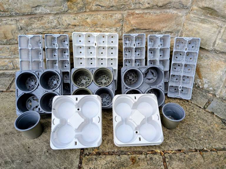 6 Assorted Plastic Grey and White Seedtrays plus 5 Plant Trays with 12 Plant pots included