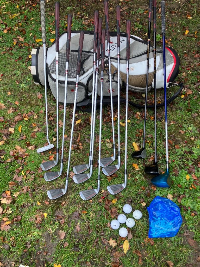 Men’s Golf Clubs Driver 3-5 Woods 3-9 Iron Sw Pw Putter Maxfli Cart Bag 