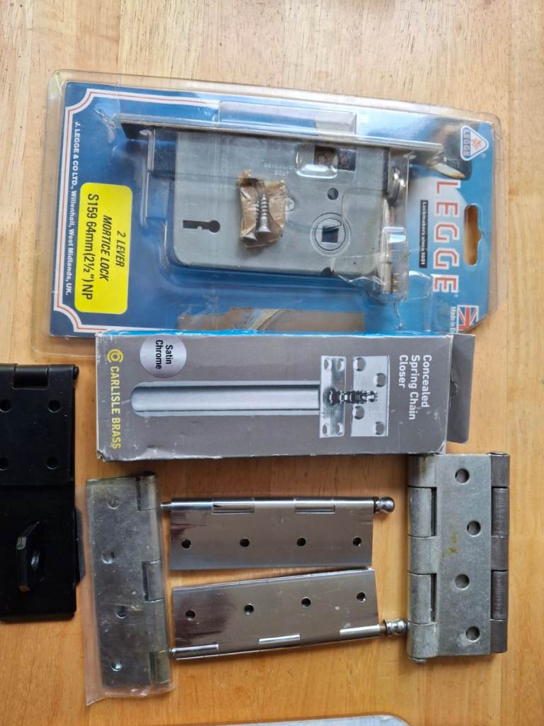 Door lock, hinges, closer and hasp