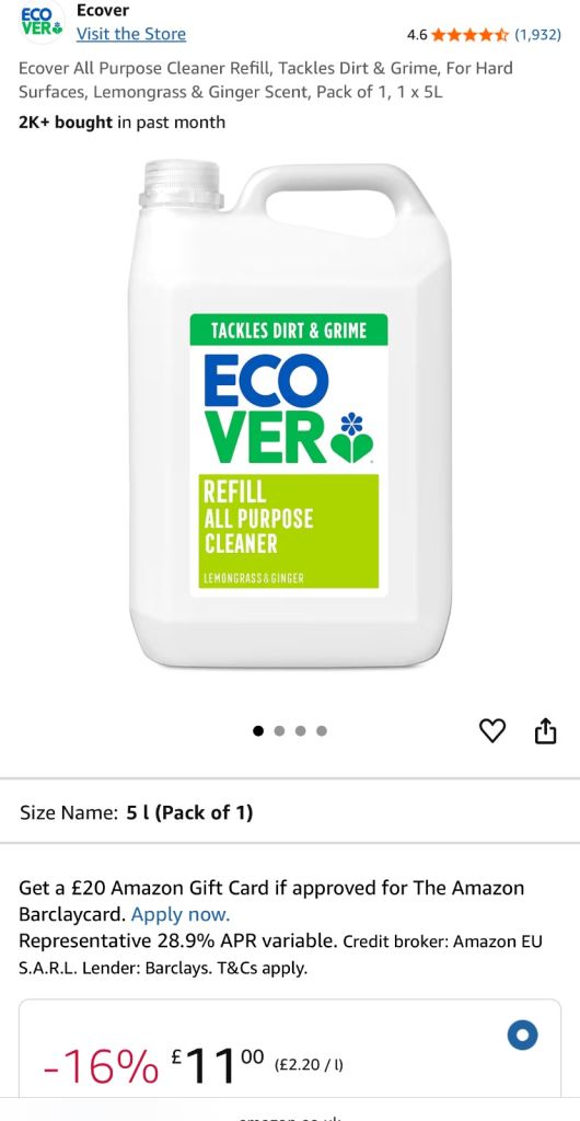 Ecover All Purpose Cleaner, Lemongrass & Ginger Scent, Pack of 1, 1 x 5L