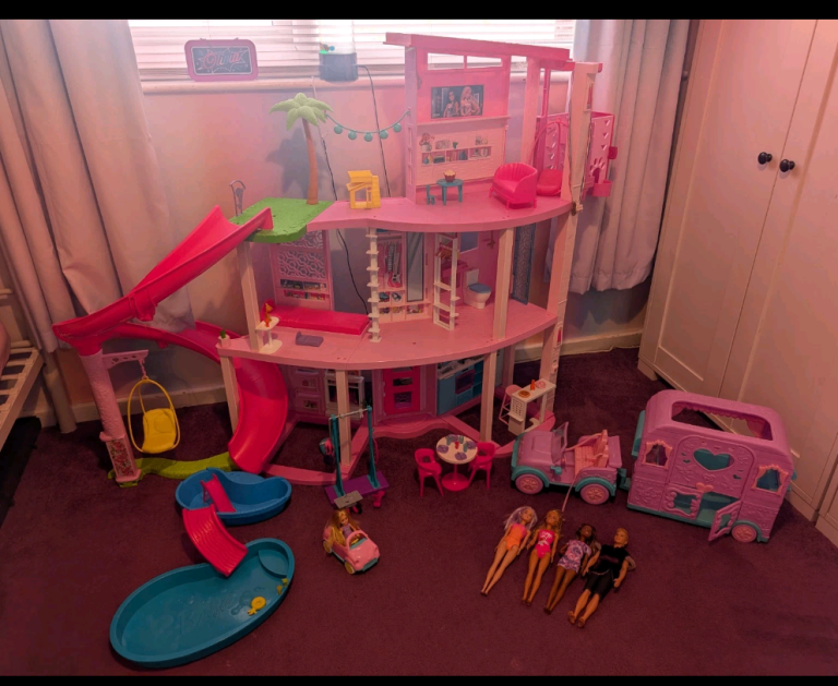Barbie Dreamhouse Playset with Dolls, Car, and Caravan – Good Condition