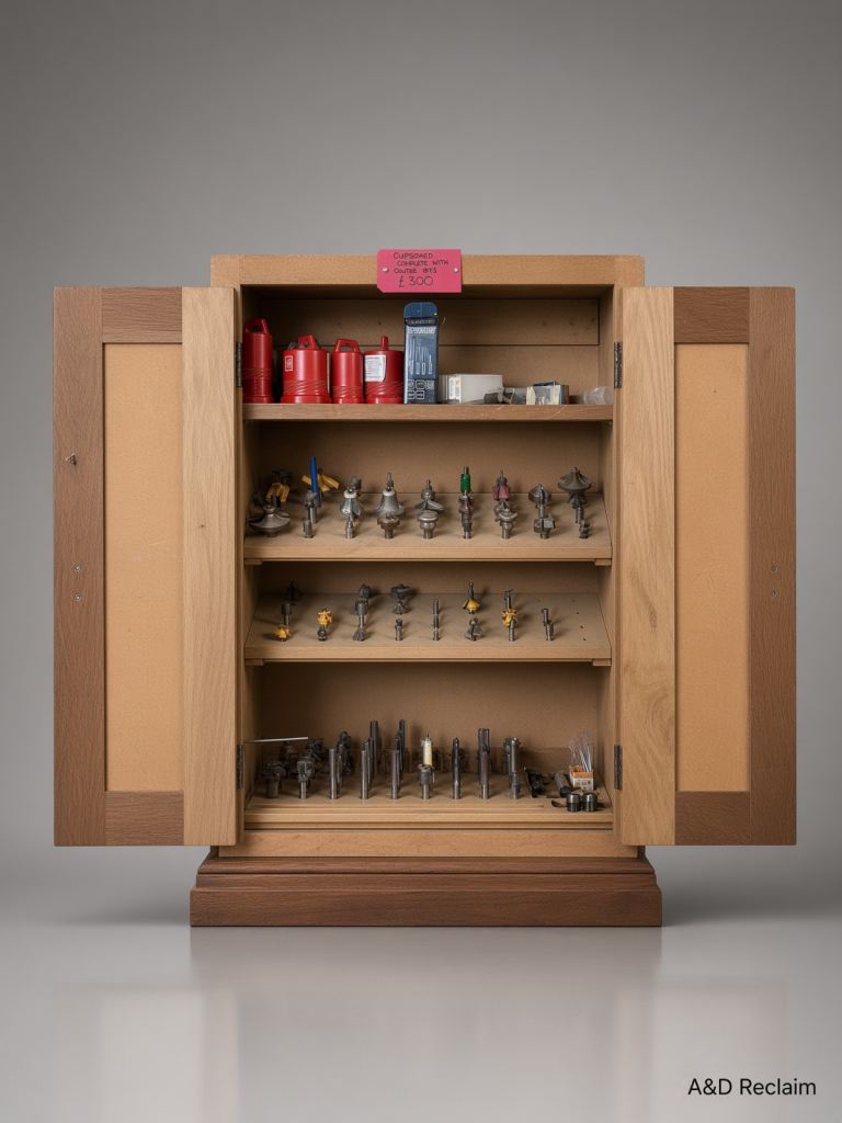 A Job Lot Assortment of Various Router Bits in a Wooden Cabinet