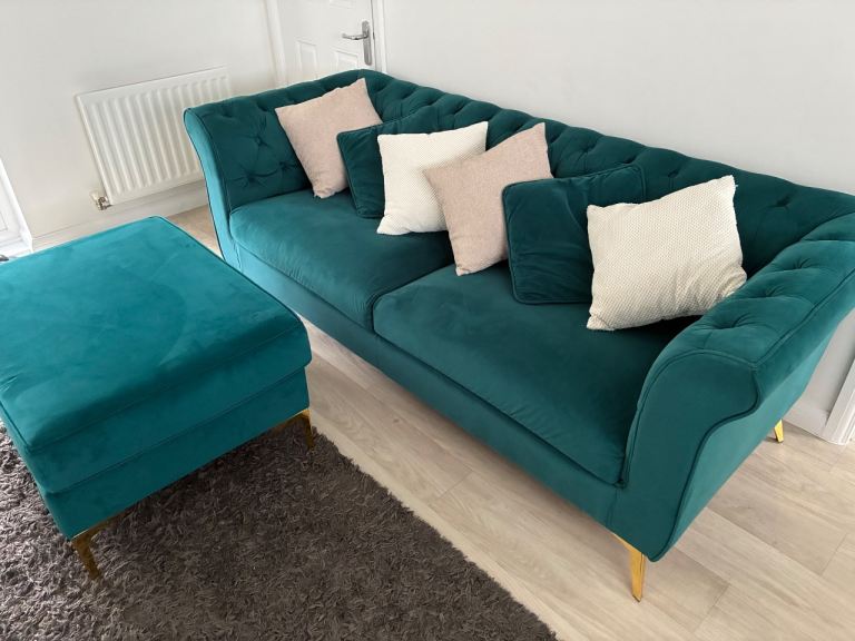 Superb Condition DFS suede teal chesterfield Sofa and footstool.