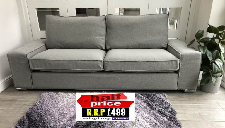 RRP:£529 IKEA KIVIK THREE SEATER TIBBLEBY LIGHT GREY FABRIC SOFA CHROME/STONE LEGS LONDON DELIVERY