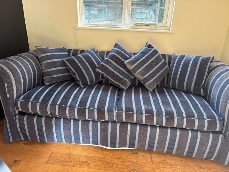 Classic Blue & White Stripe Sofa with Loose Cover – Good Condition