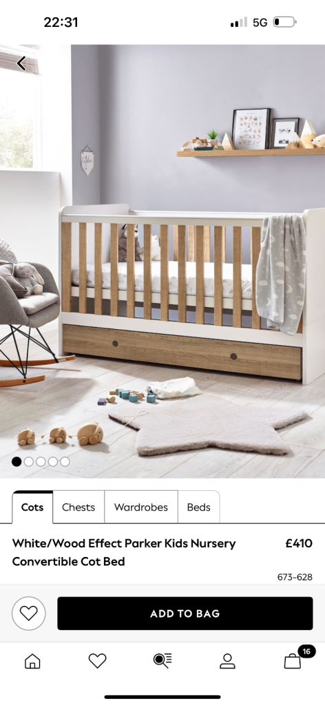 Next White/Wood Effect Parker Kids Nursery Convertible Cot Bed (with drawer addition) & change table