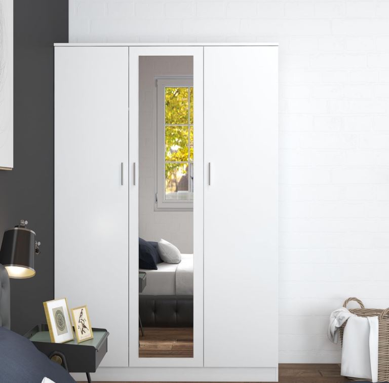 3 Doors Mirrored Wardrobe, Bedroom, 6 Storage Compartments, Hanging Rail, 115.4 x 50 x 180cm (White)