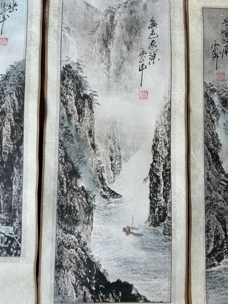 Set of four season Chinese landscape paintings scroll silk paper mountain river scene 