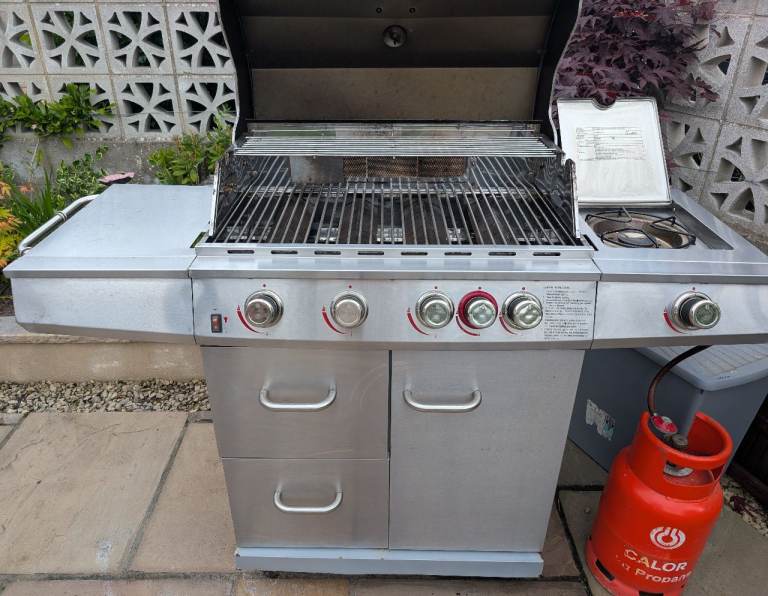 Uniflame Select 5 Burner Gas BBQ Rotisserie with Side Burner, 2 x drawers plus cabinet
