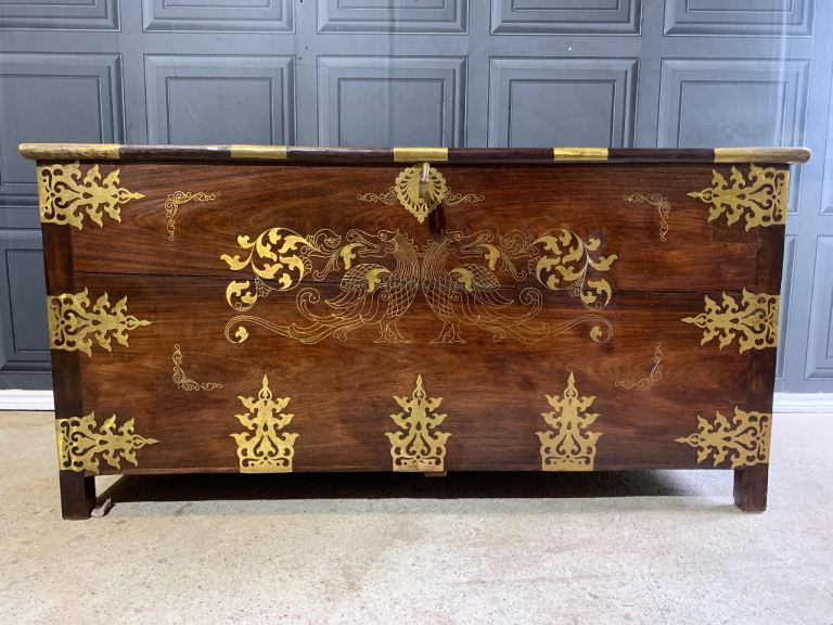 Anglo Indian Antique Style Solido I’m Rosewood & Brass Dowry Chest Blanket Box Storage Trunk