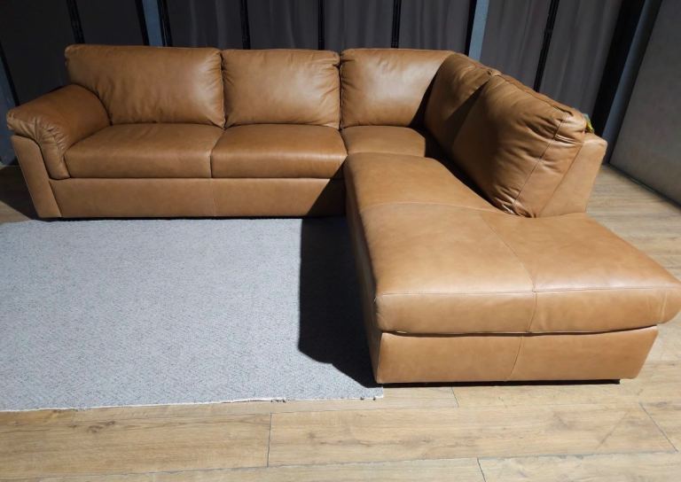 Tan Leather Corner Sofa with Chaise
