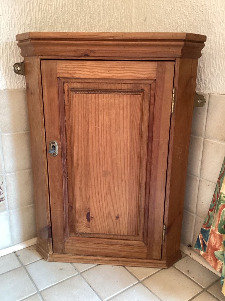 Vintage solid wood waxed pine corner cupboard