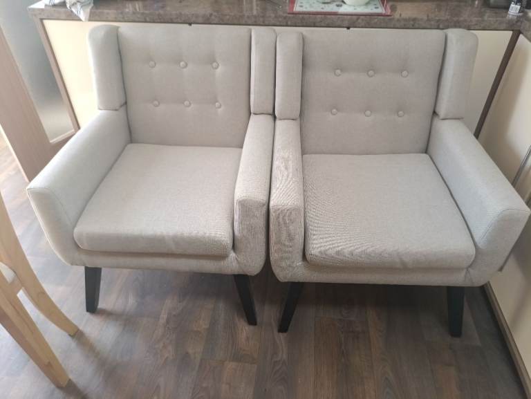 Two Beige Fabric Armchairs – Good Condition