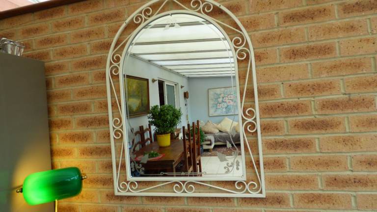 Large Vintage Retro Etched 1950s Arch Top Wrought Iron Scroll Wall Mirror 92 cm