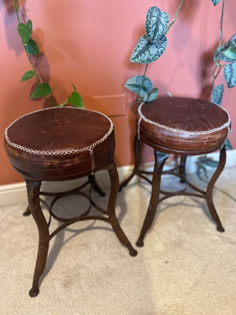 Leather Pouf Stools, Hand Stitched rustic brown with 3. 1/2" Thick cushion