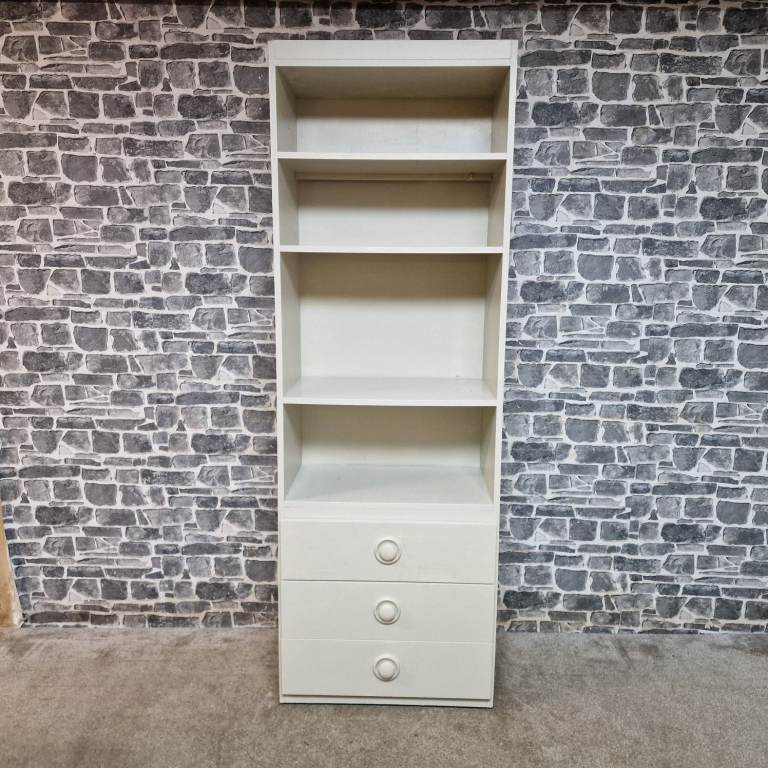 Grey Narrow Bookcase with 3 Drawers – Tall Storage Unit