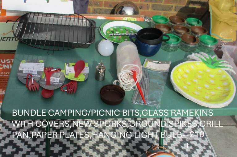 Bundle of camping/picnic bits,ground spikes,grill pan,paper plates,ramekins,sporks,
