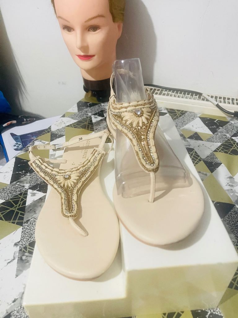 Accessorize Beige Beaded Flat Sandals - New, Size EU 38