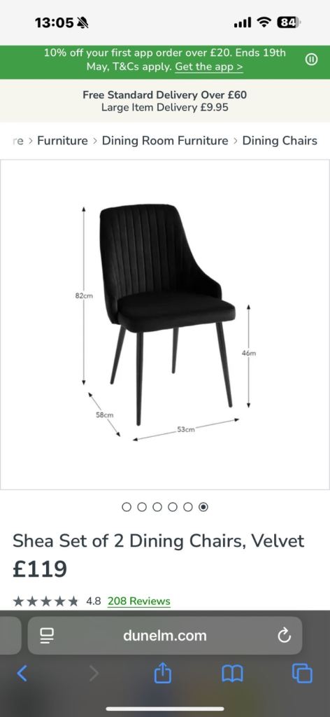 Dinning chairs x 2 black velvet Dunelm