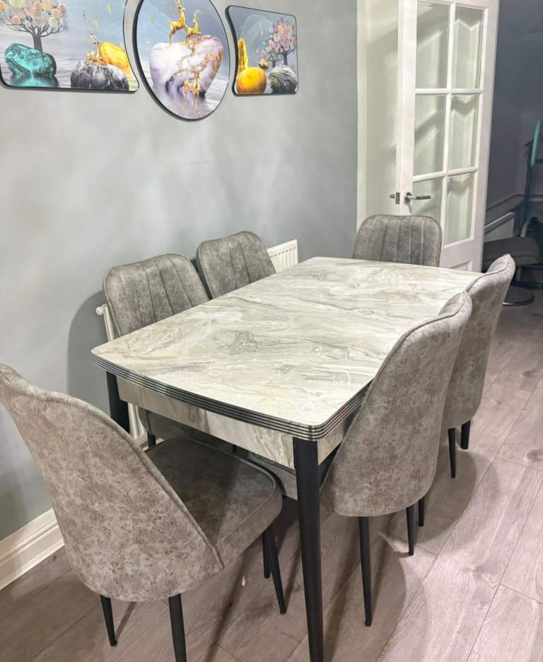 Modern Grey Marble-Effect Dining Table with 6 Chairs
