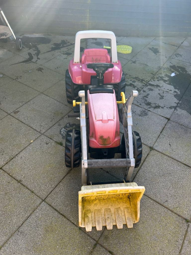 Kids Rolly Pedal Tractor Digger with Loader – Pink/Yellow