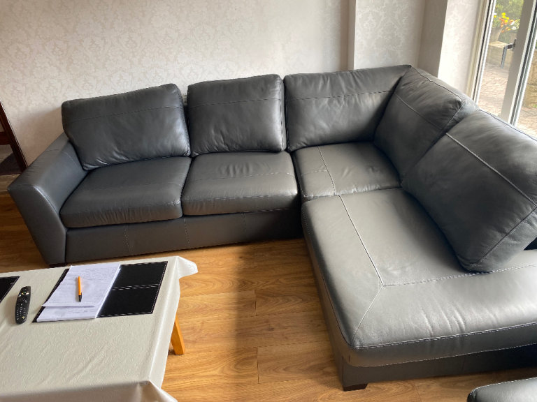 Quality real Leather Grey corner sofa 6 seater with stool