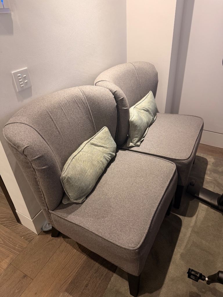 Pair of Grey Fabric Armchairs with Cushions