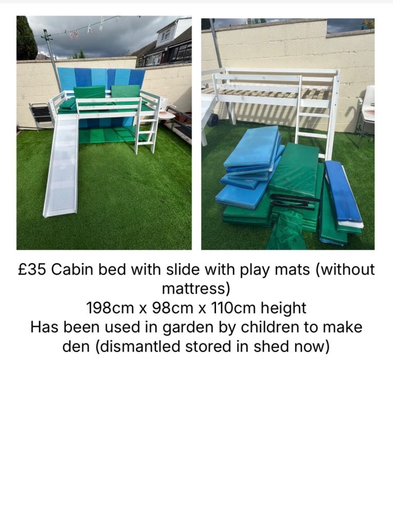 £35 Cabin bed with slide with play mats (without mattress)
