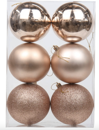 New Rose Gold Christmas Baubles - 6 Pack, Mixed Styles
